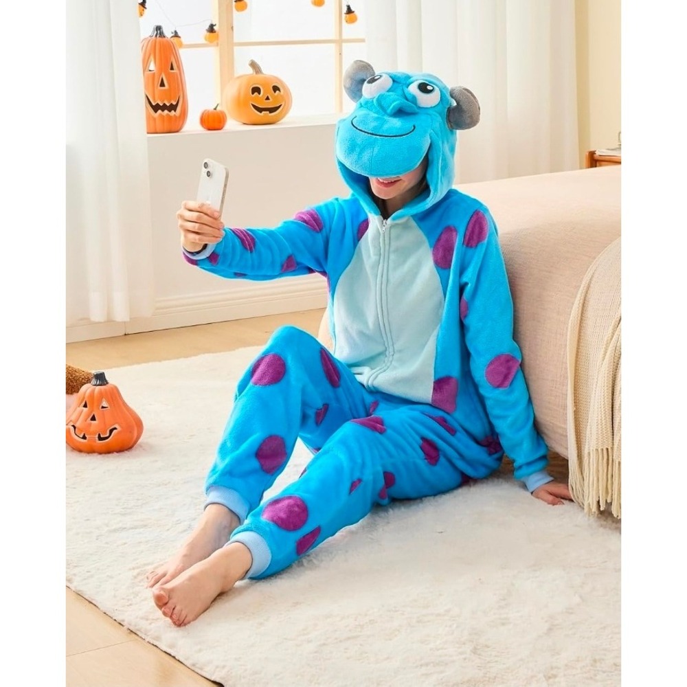 Blue Monsters Adult Fleece Union Suit Costume Blue Polka Dot Pajamas